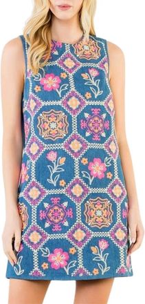 THML Clothing Sleeveless Embroidery Detail Dress In Denim Blue