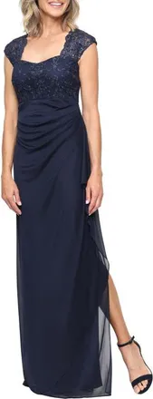 Alex Evenings Sequin & Beaded Empire Waist Gown in Navy at Nordstrom, Size 12