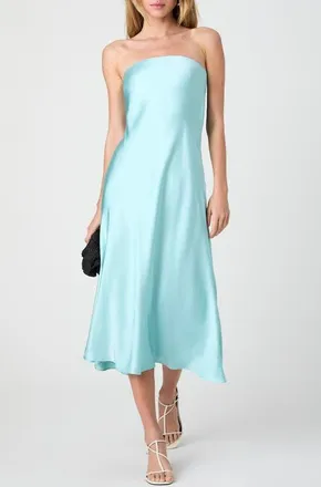 French Connection Oona Strapless Satin Midi Dress in Pastel Turquoise at Nordstrom, Size Small