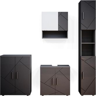 Vicco Conjunto De Muebles De Ba&ntilde;o Irma, Antracita Alto Brillo, 4 Piezas, Con Armario Alto Y Cajonera