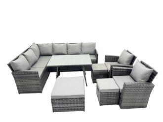 Fimous 11 Seat Patio Oblong Dining Table Corner Sofa Set with 3 Stool 2 Chair in Dark Grey