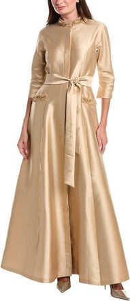 Teri Jon by Rickie Freeman Mikado Bead Collar Pocket Silk-Blend Shirt Gown