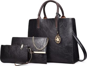 Generic Women Large Satchel Handbag Leather Crossbody Tote Ladies Shoulder Bag Top Handle Purses with Clutch 3PCS Set (Black)