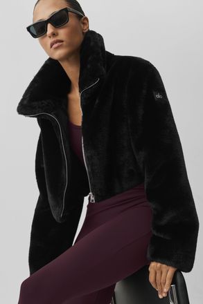 Alo | Faux Fur Cropped Amore Jacket in Black, Size: Medium