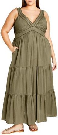 City Chic Bella Tiered Cotton Maxi Sundress in Olive at Nordstrom Rack, Size L/20W