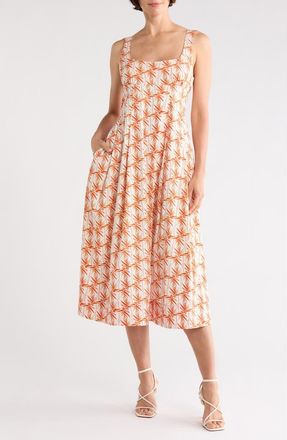 Diane Von F&uuml;rstenberg Thalia Tie Waist Stretch Cotton Dress in Palm Geo Orange at Nordstrom Rack, Size Xx-Small