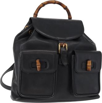 Gucci Vintage Bamboo Backpack Leather Black Leather Backpack Bag (Pre-Owned)