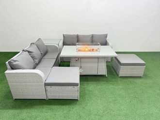 Fimous Outdoor Garden Furniture Sets 8 Seater Wicker Rattan Furniture Sofa Sets w/ Firepit Dining Table high Back Lounge Sofa 2 Big Footstool Side