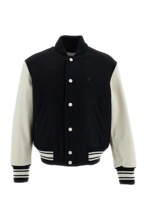 Ami Black Padded Boiled Wool Leather Sleeve Bomber Jacket