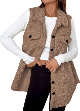 Generic Teddy Fleece Gilet for Women - Long Fuzzy Soft Vest, Longline Bodywarmers Sleeveless Lapel Button Down Waistcoat, Sherpa Fluffy Tops, Ladies Solid Col