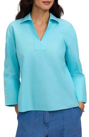 Foxcroft Lainey Button Accent Cotton Popover Top in Capri Blue at Nordstrom, Size X-Large