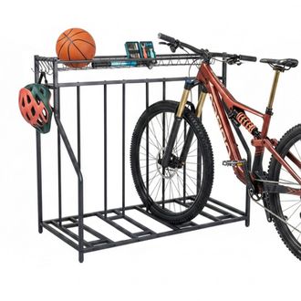 Relaxdays Soporte De Suelo Relaxdays Para 4 Bicicletas, Ancho De Rueda Ajustable, Cesta Y 6 Ganchos, Regulable, Negro
