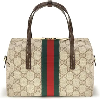 Gucci Womens Mini Boston Handbag With Web Stripe Brown Fabric Handbags Hand Bags