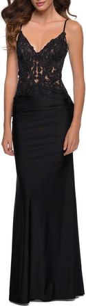 La Femme Jersey Gown with Sheer Lace Bodice and Ruching in Black at Nordstrom, Size 12