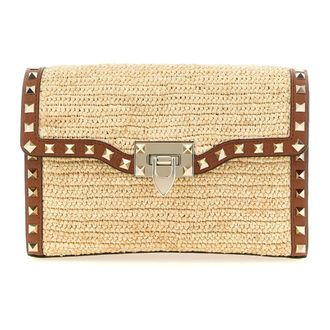 Valentino Garavani Cross Body Bags, female, Beige, Size: ONE SIZE Rockstud Small Shoulder Bag in Raffia