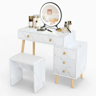 Costway Costway Modern Vanity Desk w/Stool Makeup Vanity Set w/Mirror & 3 Modes Lights in White