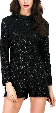 ShiFan Womens Long Sleeve Sequin Jumpsuit Ladies Party Mini Playsuit Shorts Rompers Sparkly Black XL