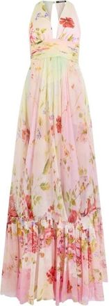 Roberto Cavalli Lange Chiffon Jurk met Miami Bloemenprint - Dames - Maxi kleedjes - Veelkleurig - XL - Chiffon - Kleedjes