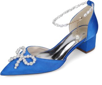 Generic Wedding Shoes Women Low Heel Bridal Satin Chunky Heels Dress Shoes Wedding Ankle Strap Evening Pumps 4.5Cm,Royal Blue,10 UK