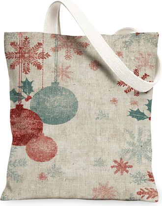 Generic Christmas Ornaments Canvas Tote Bags, Vintage Holiday Pattern Reusable Grocery Bags, Lightweight Washable Shoulder Strap Ca, Red and Blue, 13x15 Inch