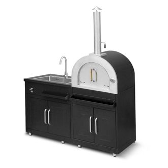 Oviala Cocina exterior met&aacute;lica con 2 fregaderos y horno de pizza