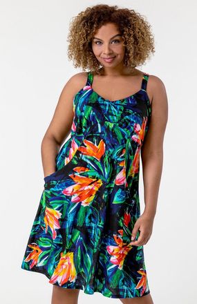 Roman Tropical Print Strappy Dress