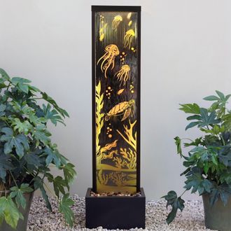 PRIMROSE Mirror Water Feature with Ocean Floor Design with LED Lights in Brown
