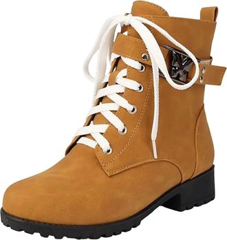Generic Womens Leisure Ankle Boots Round Toe Med Chunky Heel With Side Zipper And Lace Up Front For Casual Daily Wear