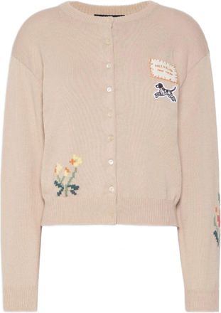 Weekend Beige Knit Cardigan with Floral Embroidery and Playful Dog Patch