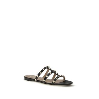 Valentino Garavani Womens Black Calf Leather Bos Taurus Flat Sandals