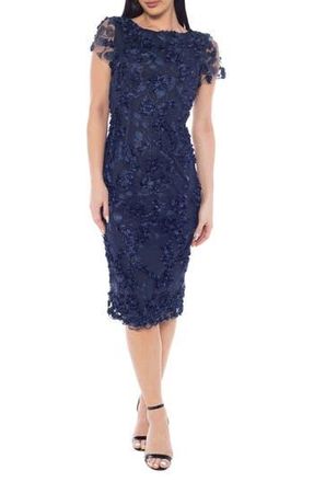 OLEG CASSINI 3D Flower Petal Appliqu&eacute; Midi Dress in Navy at Nordstrom Rack, Size Small
