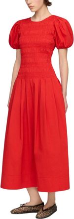 Ganni Red Solid Round Neck Midi Dress