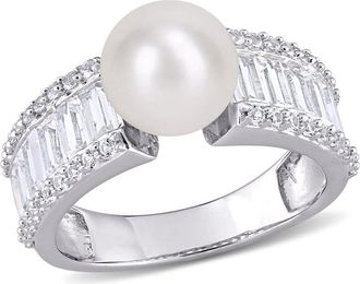 Amour 8-8.5mm Cultured Freshwater Pearl and 2 2/5 CT TGW Created White Sapphire Engagement Ring In Sterling Silver