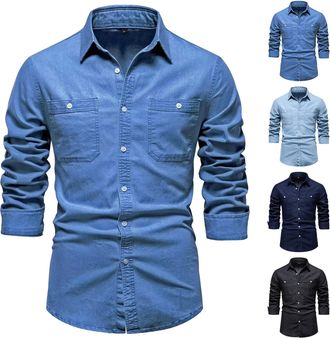 Generic Pocket T Shirts for Men Long Sleeved Denim Shirt Slim Fit Button Up Tops 2025 Casual Lapel Collar Western Jean Jacket Ropa Hombre(Black, S)