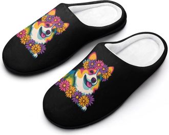 Generic Colorful Corgi Flowers Mens Slippers Comfortable And Non-slip Cotton Slipper Shoe for House