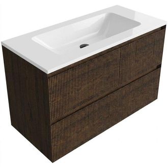 Saniclass Holz Atelier Badkamermeubelset - 100x45x77.5cm - Torino solid surface wastafel wit - zonder kraangat - 2 lades - mat eiken charcoal (hout)