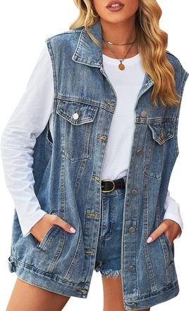 Feoya Womens Oversized Denim Gilet Distressed Baggy Denim Waistcoat Button Down Sleeveless Jean Jacket Washed Loose Fit Lapel Vest Casual Turn Down Collar G