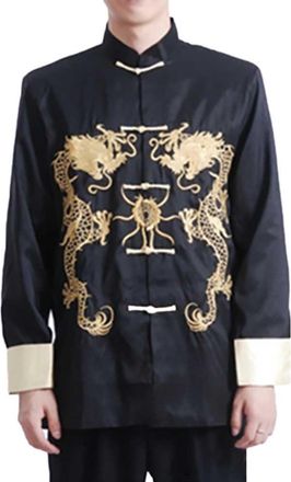 Generic Chinese New Year Men Traditional Tang Jacket Kung Fu Wing Chun Uniform Wedding Party Long Sleeve Top Coat, 49 Black, XL