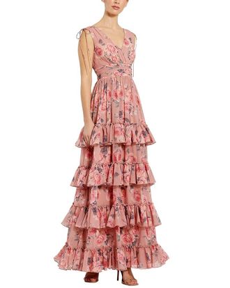 Mac Duggal Drawstring Shoulder Floral Chiffon Tiered Gown