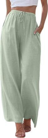 Generic Linen Trousers Womens Long Leg Summer Palazzo Pants High Waisted Wide Leg Pants Casual Ladies Summer Loose Fit Beach Trousers Flowy Elastic Waist (Gre