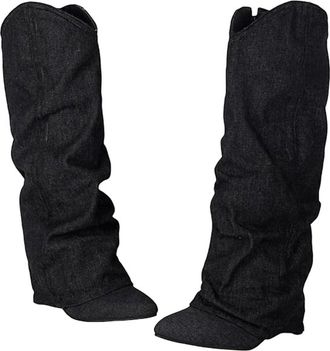 Generic Womens Fashion Knee High Boots Round Toe High Stiletto Heel Slip On Design With Pleated Shaft Stylish Party Shoes