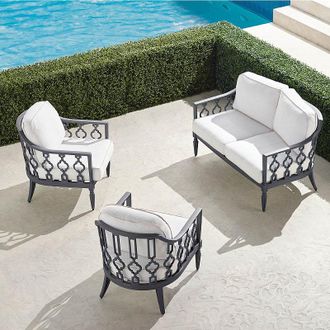 Frontgate Avery 3-pc. Loveseat Set in Slate Aluminum - Standard, Sailcloth Cobalt with Natural Piping - Frontgate