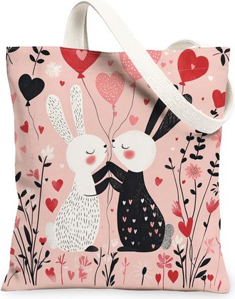 Generic Valentines Day Bunny Rabbit Canvas Tote Bag for Shopping 13x15, Fun Couple Animal Lover Reusable Grocery Print Pattern Bag for Women, Holiday Beach Ae