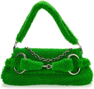 Gucci Grass Green Shearling Horsebit 1955 Chain Shoulder Bag