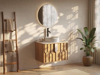 Vente-Unique Mobile bagno testurizzato sospeso con lavabo da appoggio rotondo scanalato Naturale chiaro L75 cm - MERKAN