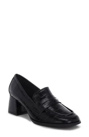 London Rag Pitaka Penny Strap Croc Embossed Flared Block Heel Loafer in Black at Nordstrom Rack, Size 6.5