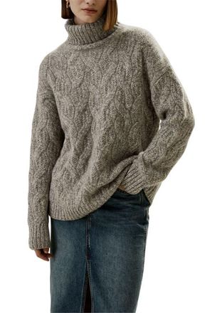 LilySilk Cable-Knit Cashmere Turtleneck Sweater in Camel Gray at Nordstrom, Size Medium
