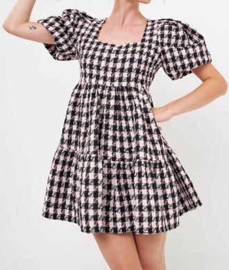 English Factory Genevieve Tweed Puff Sleeve Mini Dress In Black/ Pink