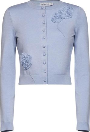 Self Portrait Bloemen Gebreide Cardigan - Dames - Vesten - Blauw - XS - Wol - Truien & Vesten