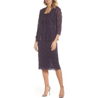 Alex Evenings Lace Cocktail Dress with Jacket in Eggplant at Nordstrom Rack, Size 16